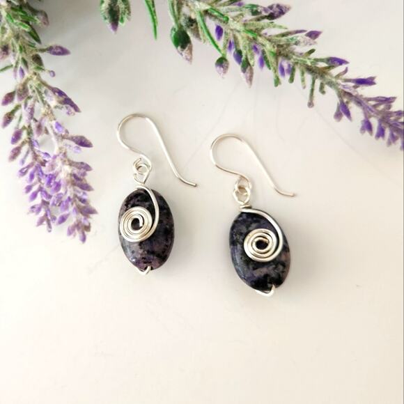 Natural Sodalite Stone Silver Wire-wrapped Dangle Earrings - Picture 1 of 12